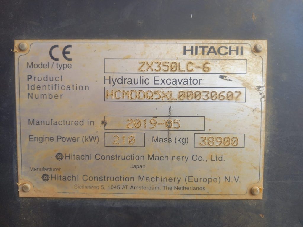 2019 Hitachi Zaxis ZX350LC-6 plate