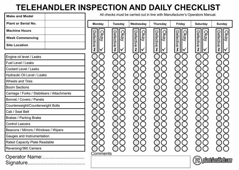 Telehandler Inspection and Daily Checklist
