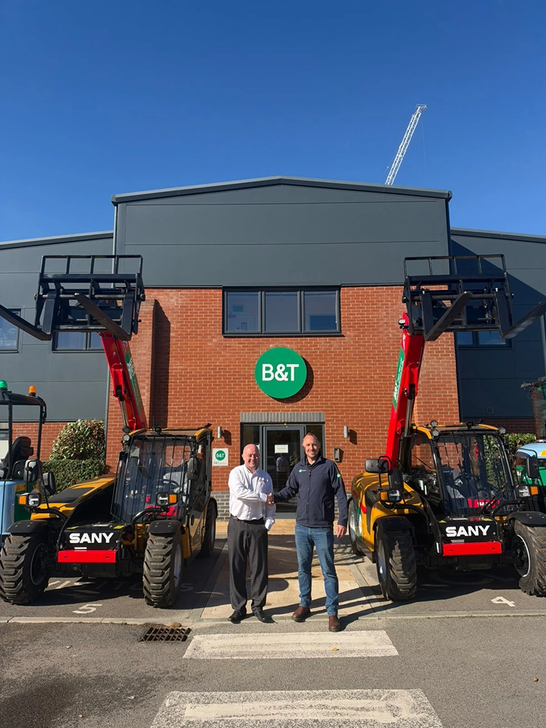 Asset Operations Manager at BT Plant Hire Matt Fox shaking hands with SANY UK Sale Manager Steve Speed