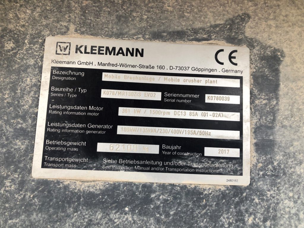 2017 Kleemann MR130Zi used plate
