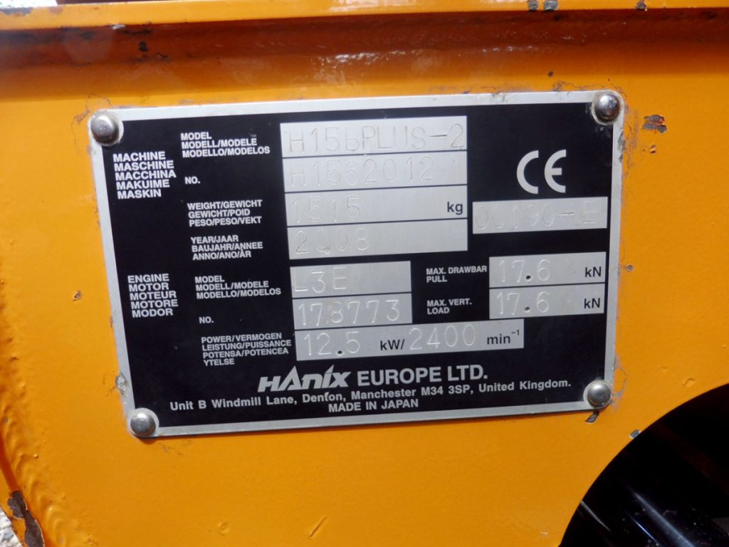 2008 Hanix H15B used plate view.